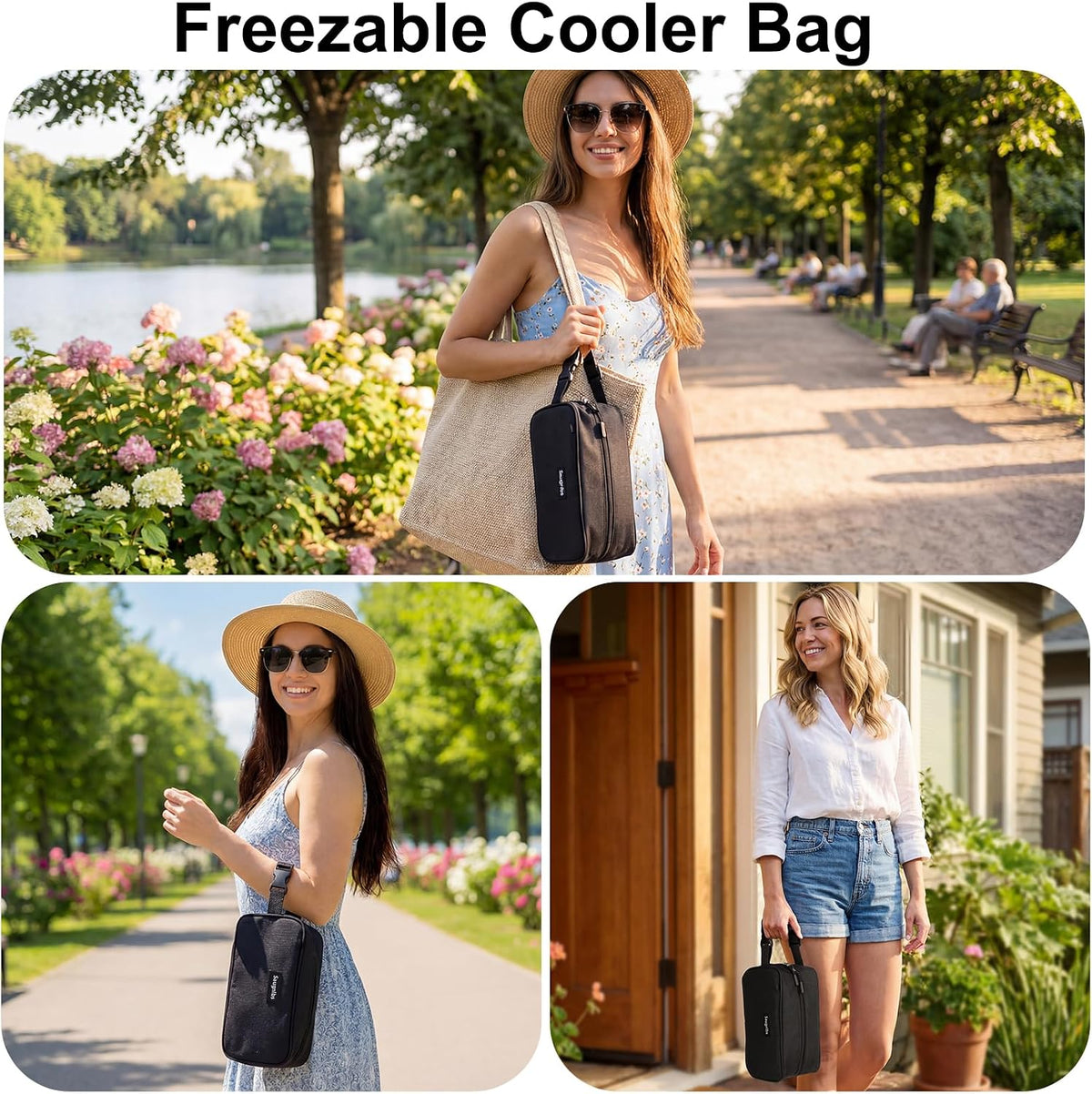 Small Cooler Bag,Mini Cooler Bag with Ice Packs,Insulated Lunch Bag with Handle Buckle,Freezable Lunch Bag for Travel/Work/School/Outdoors, 10“ X 4.5”X 5”,Black