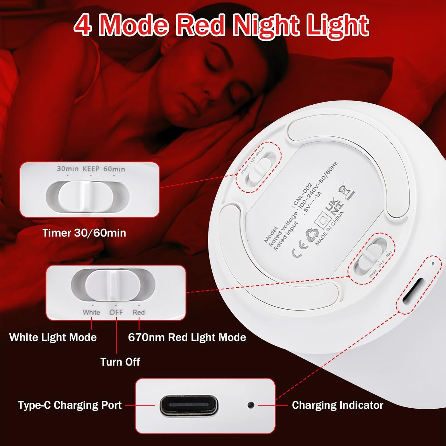 670Nm Red Light Night Light for Sleep with Timer, Rechargeable, Dimmable, Sleep Aid Lamp Blue Light Blocking for Improve Sleep, Deep Relaxation, Meditation, Yoga