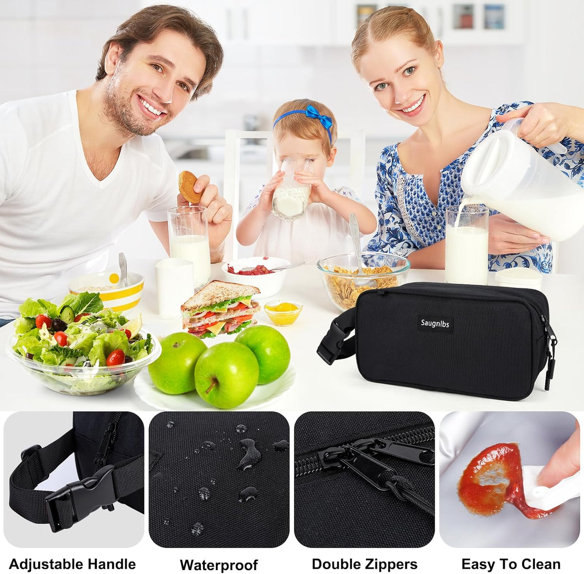 Small Cooler Bag,Mini Cooler Bag with Ice Packs,Insulated Lunch Bag with Handle Buckle,Freezable Lunch Bag for Travel/Work/School/Outdoors, 10“ X 4.5”X 5”,Black