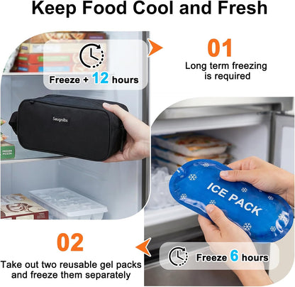 Small Cooler Bag,Mini Cooler Bag with Ice Packs,Insulated Lunch Bag with Handle Buckle,Freezable Lunch Bag for Travel/Work/School/Outdoors, 10“ X 4.5”X 5”,Black