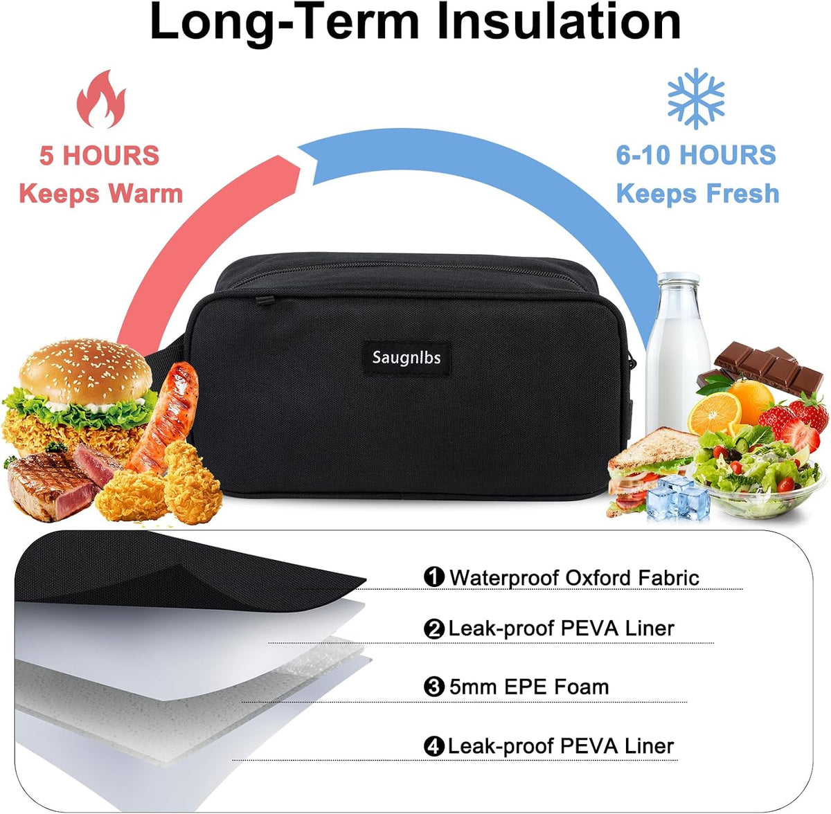 Small Cooler Bag,Mini Cooler Bag with Ice Packs,Insulated Lunch Bag with Handle Buckle,Freezable Lunch Bag for Travel/Work/School/Outdoors, 10“ X 4.5”X 5”,Black