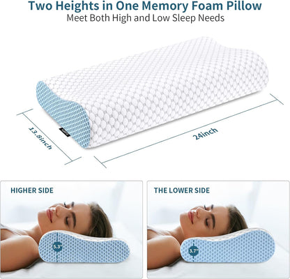 Cervical Neck Pillow for Pain Relief - Ergonomic Contour Memory Foam Pillows, Cooling Side Sleeper Pillow for Sleeping, Orthopedic Bed Pillow for Back Stomach Sleepers with Pillowcase(White & Blue)