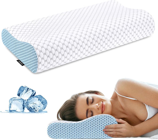 Cervical Neck Pillow for Pain Relief - Ergonomic Contour Memory Foam Pillows, Cooling Side Sleeper Pillow for Sleeping, Orthopedic Bed Pillow for Back Stomach Sleepers with Pillowcase(White & Blue)