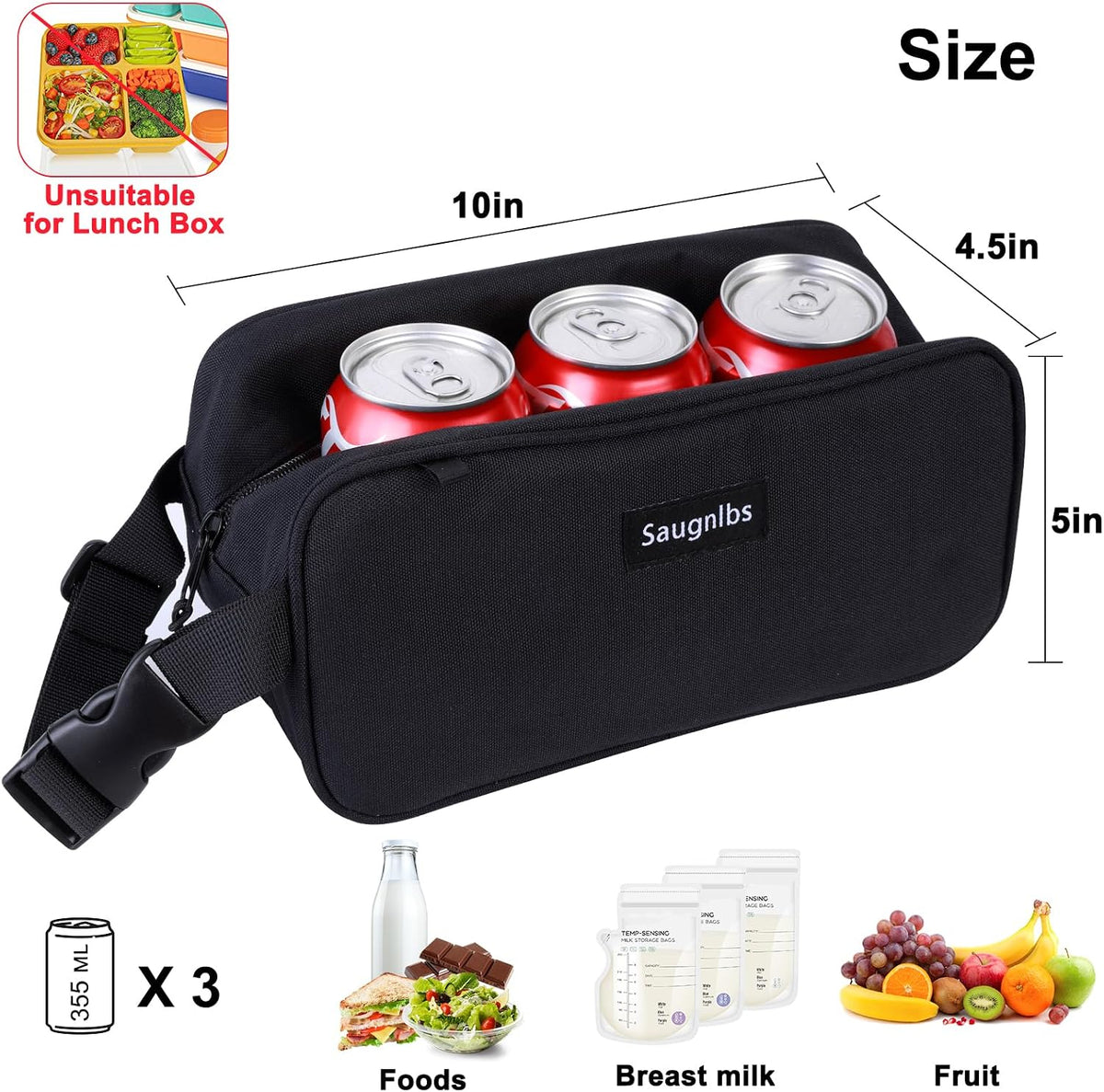 Small Cooler Bag,Mini Cooler Bag with Ice Packs,Insulated Lunch Bag with Handle Buckle,Freezable Lunch Bag for Travel/Work/School/Outdoors, 10“ X 4.5”X 5”,Black